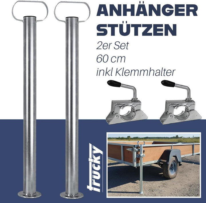 Trucky 2X Set Anhänger Stützen mit Klemmhalter Anhängerstützen 300 kg verzinkter Stahl 600 mm 60 cm