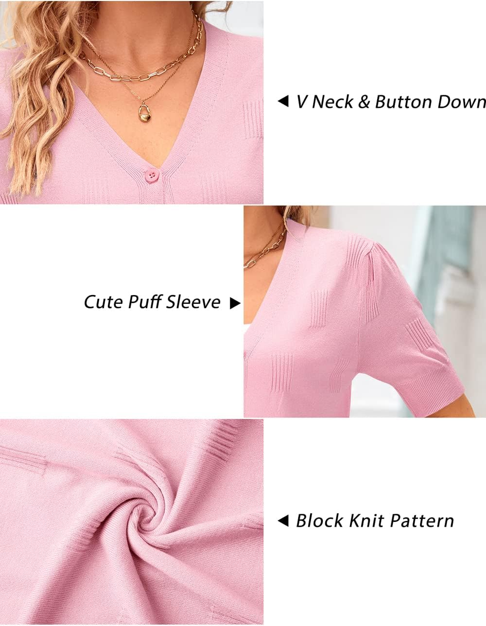 VOTEPRETTY Damen Strickjacke Sommer Kurzarm Cardigan V Ausschnitt Leichte Solid Top Elegant Bolero S