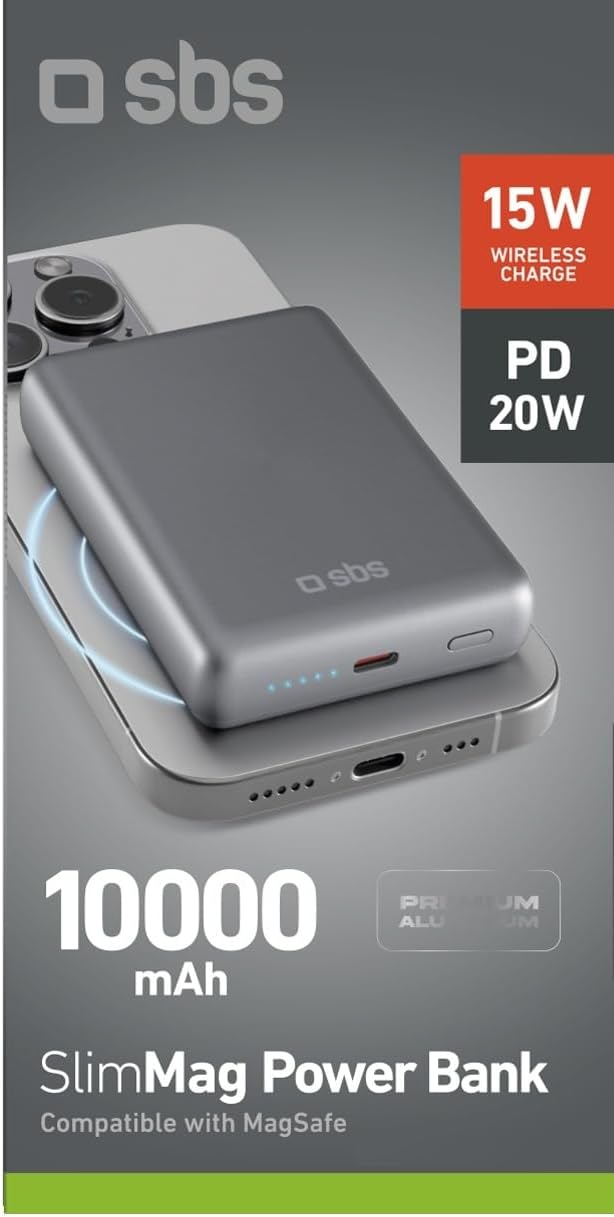 SBS PowerBank 10K MagSafe, 10.000 mAh Power Delivery 20 W, 15 W kabelloses Laden, magnetisch, Status