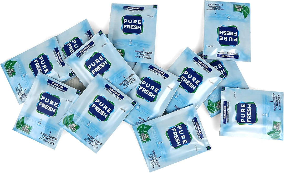 PureFresh Feuchttücher, spülbar, einzeln verpackt, für Reisen, 40 Stück