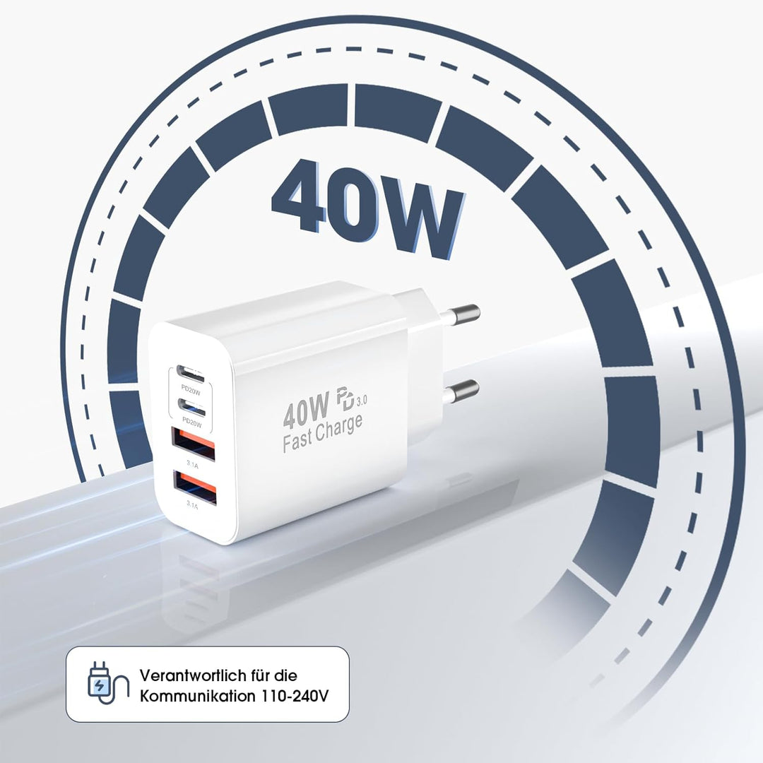 USB C Ladegerät, 40W Multiport Schnellladeblock with 4 Ports - 2 x USB-C and 2 x USB-A, Mehrfach-Wan