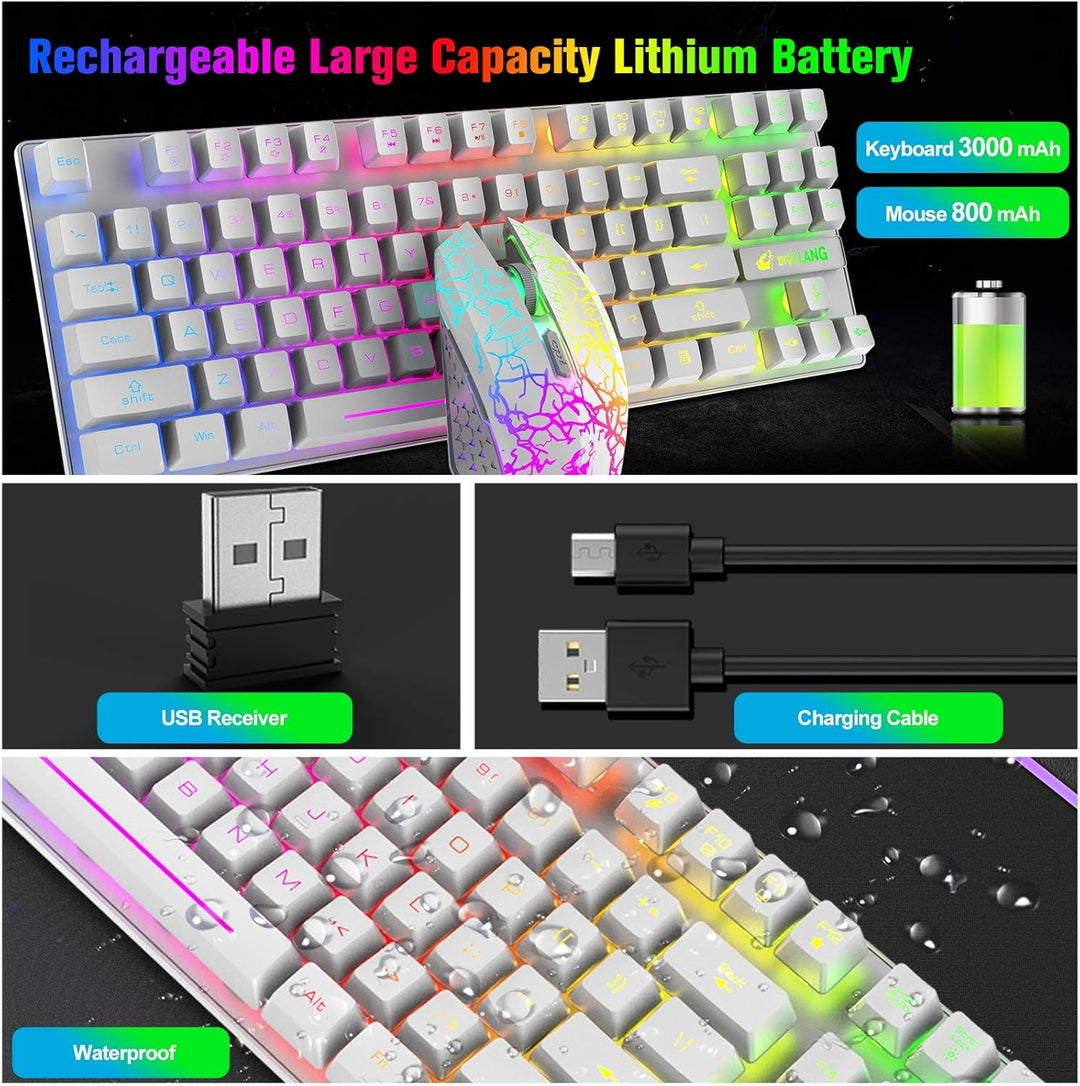 Kabellose Gaming-Tastatur und Maus, 87 Tasten, Regenbogen-LED-Hintergrundbeleuchtung, wiederaufladba