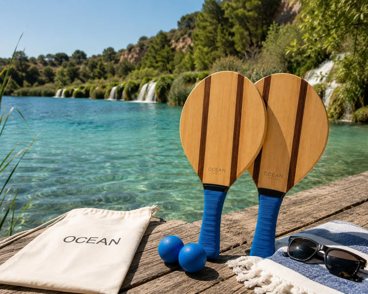 Ocean Pádel Premium-Set aus Holz-Strandschlägern, 2 Frescobol-/Beach-Tennis-Schläger mit 2 Bällen, T