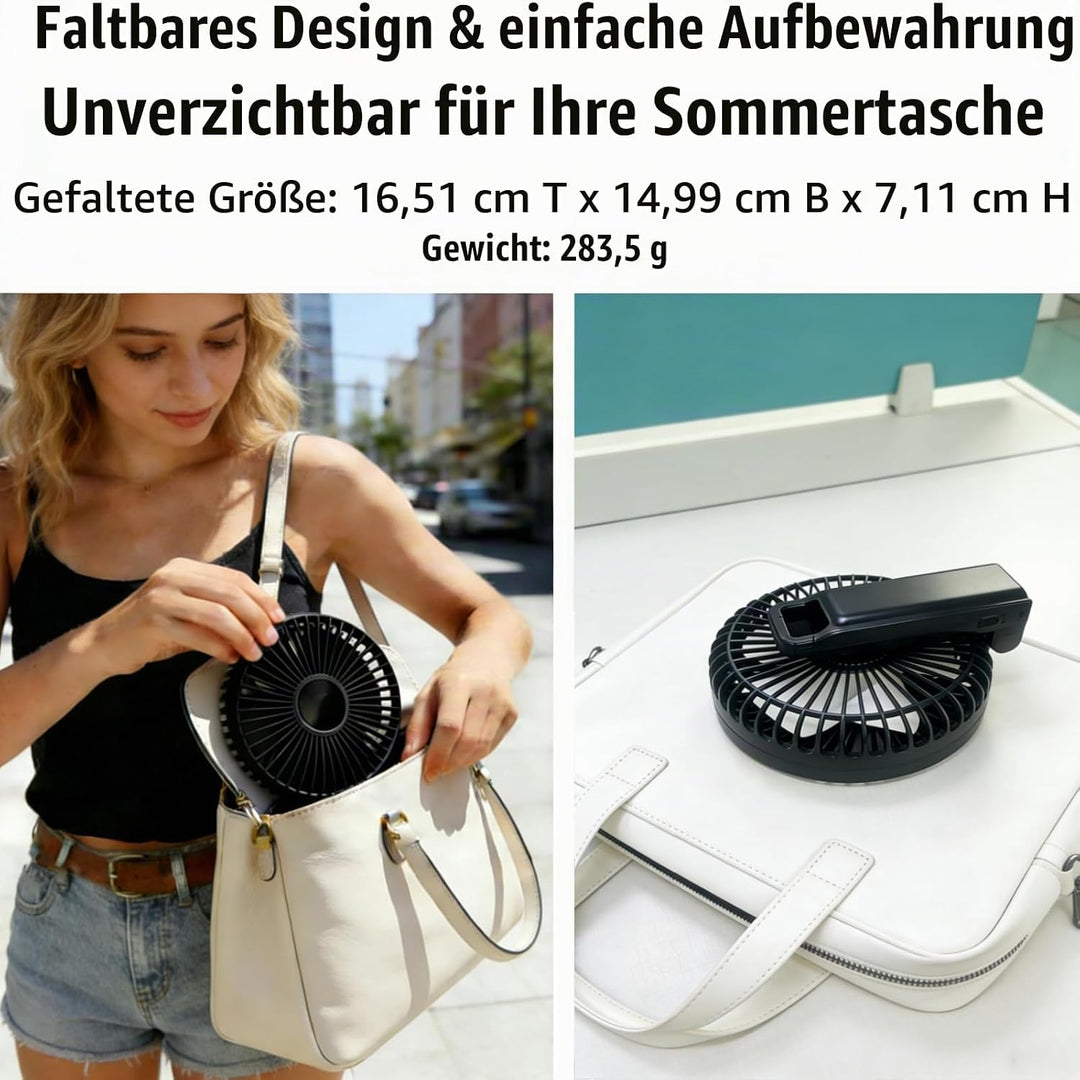 VanSmaGo Handventilator Akku Aufladbar, 5 Stufen USB Fan (Full Black) | Tisch/Hand/Reise, 8,5 Std. A