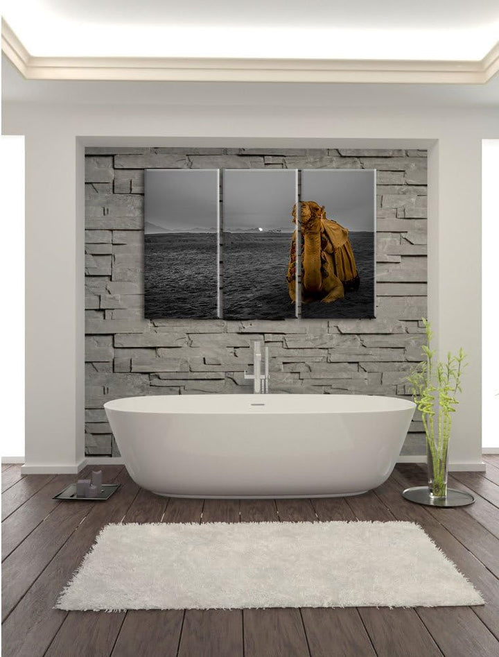 Pixxprint Kamel in Wüste bei Sonnenaufgang als Leinwandbild/Grösse: 3 Teilig (120x80 cm) cm/Wandbild