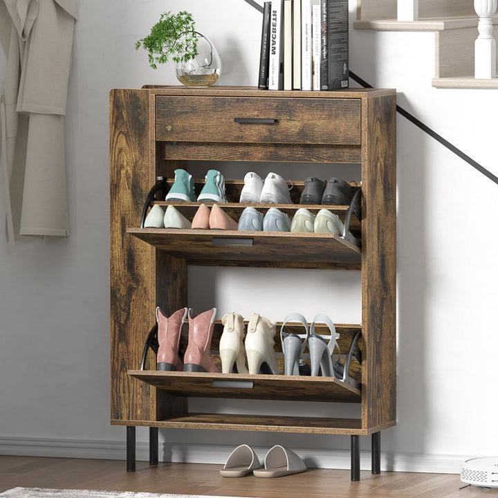 Schuhschrank mit 2 Klapptüren Mit Schubladen, Schuhaufbewahrung, Holz Schuhkipper, Schuhregal, Trenn