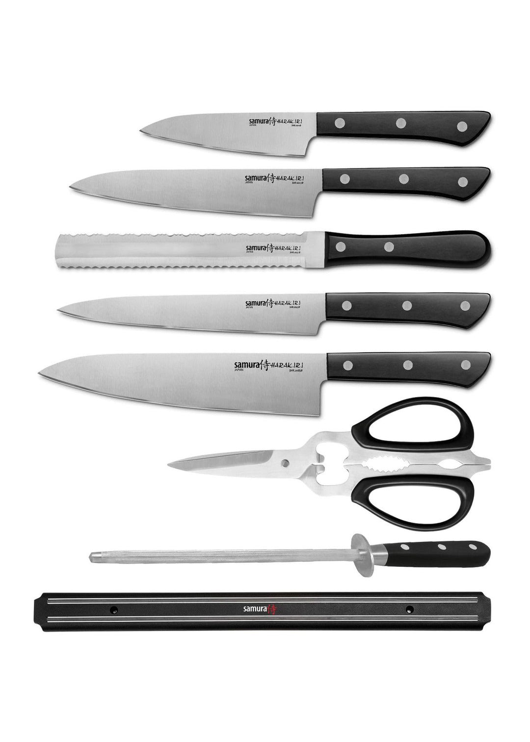 Samura Harakiri Japanese Knife Set for Hobby Chefs | 8 in 1 Professional Kitchen Knife Set with 5 Kn