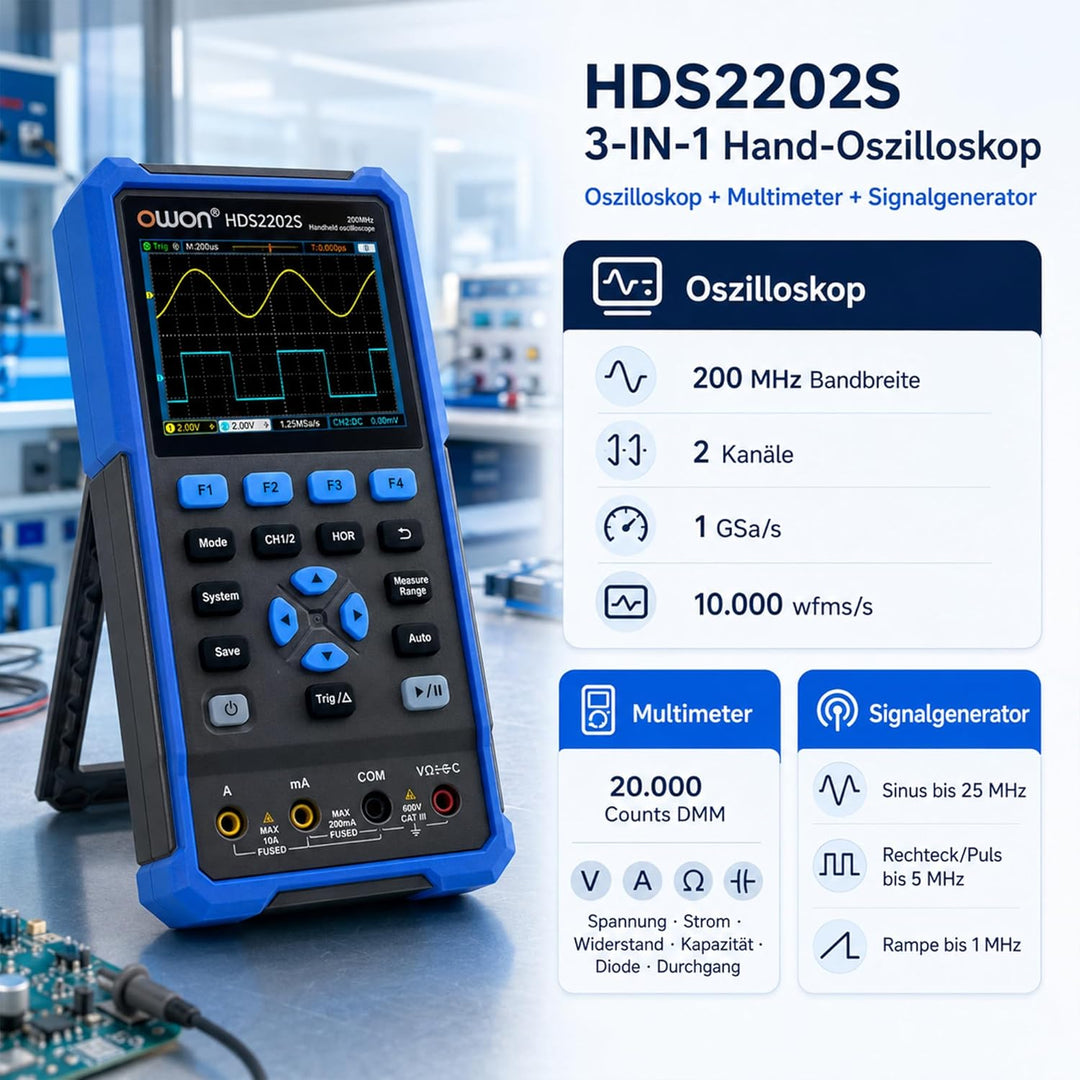 HDS2202S OWON Oszilloskop 3 in 1 Handoszilloskop 200MHz Bandbreite 1GS/s Abtastrate + 4 1/2 Stellen