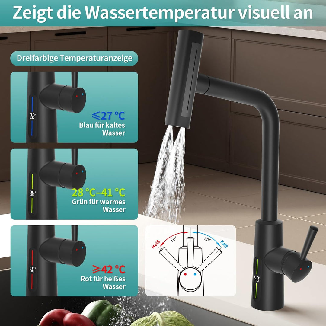 MIAOHUI Küchenarmatur Ausziehbar mit Temperaturanzeige, Einhebel Mischbatterie Küche, 4 Modi Wasserh