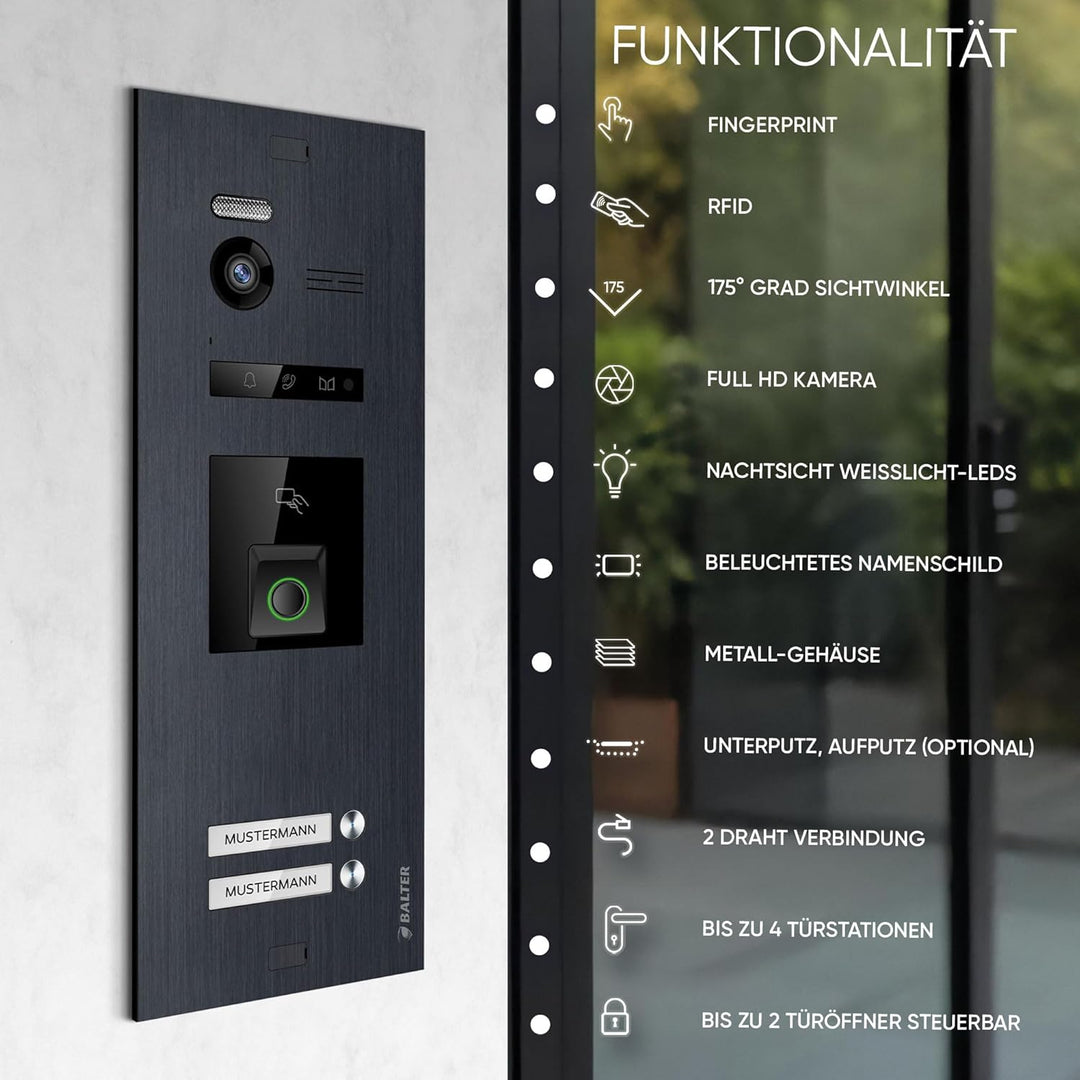 Balter EVO-HD Video Türsprechanlage mit Fingerprint, Video Türklingel, Smartphone App, 2 Familienhau
