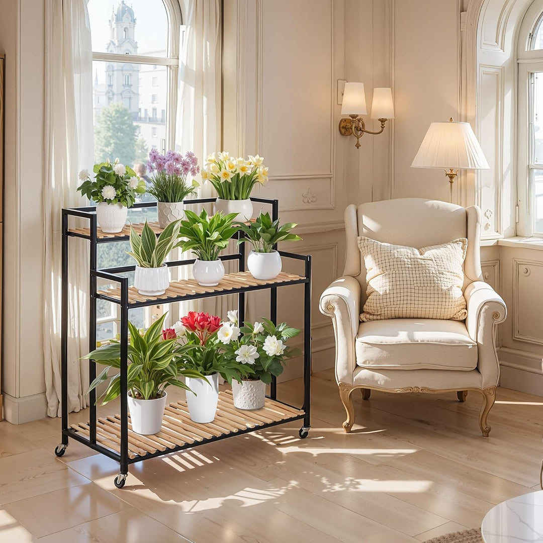 3-Tier Metallisches Pflanzenregal Klappregal mit Rollen – platzsparendes Etagen-Design für Innen & A