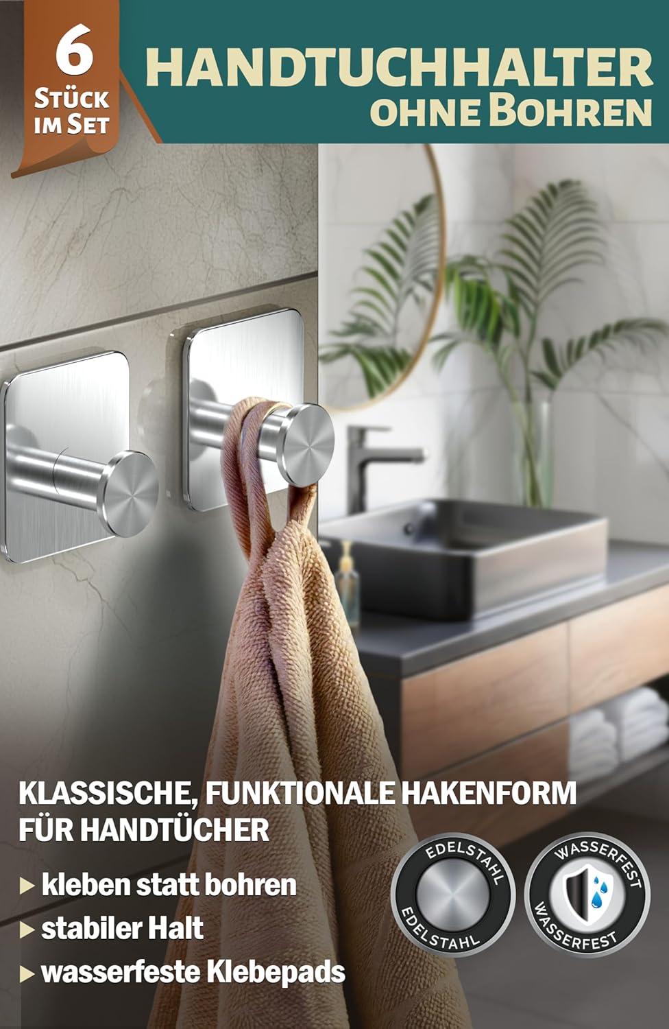 Menz Klebehaken ohne Bohren MZ - 6 STÜCK Edelstahl Silber 6 Stück, Silber 6 Stück