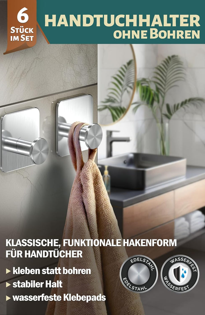Menz Klebehaken ohne Bohren MZ - 6 STÜCK Edelstahl Silber 6 Stück, Silber 6 Stück