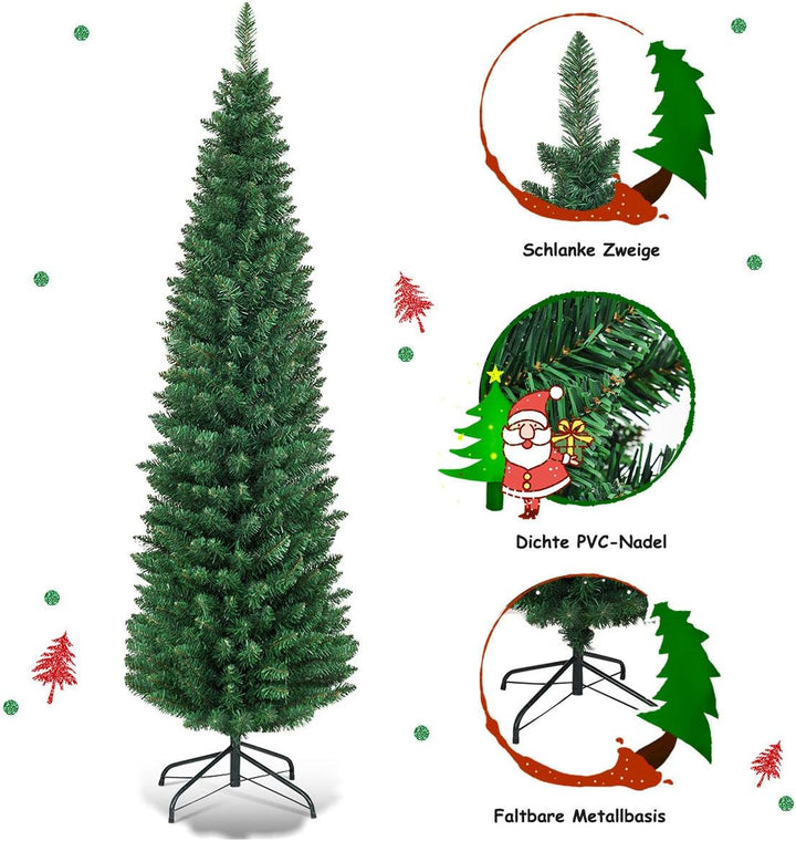 COSTWAY 150/180/210/240cm Bleistift Weihnachtsbaum, künstlicher Tannenbaum mit Metallständer, Christ