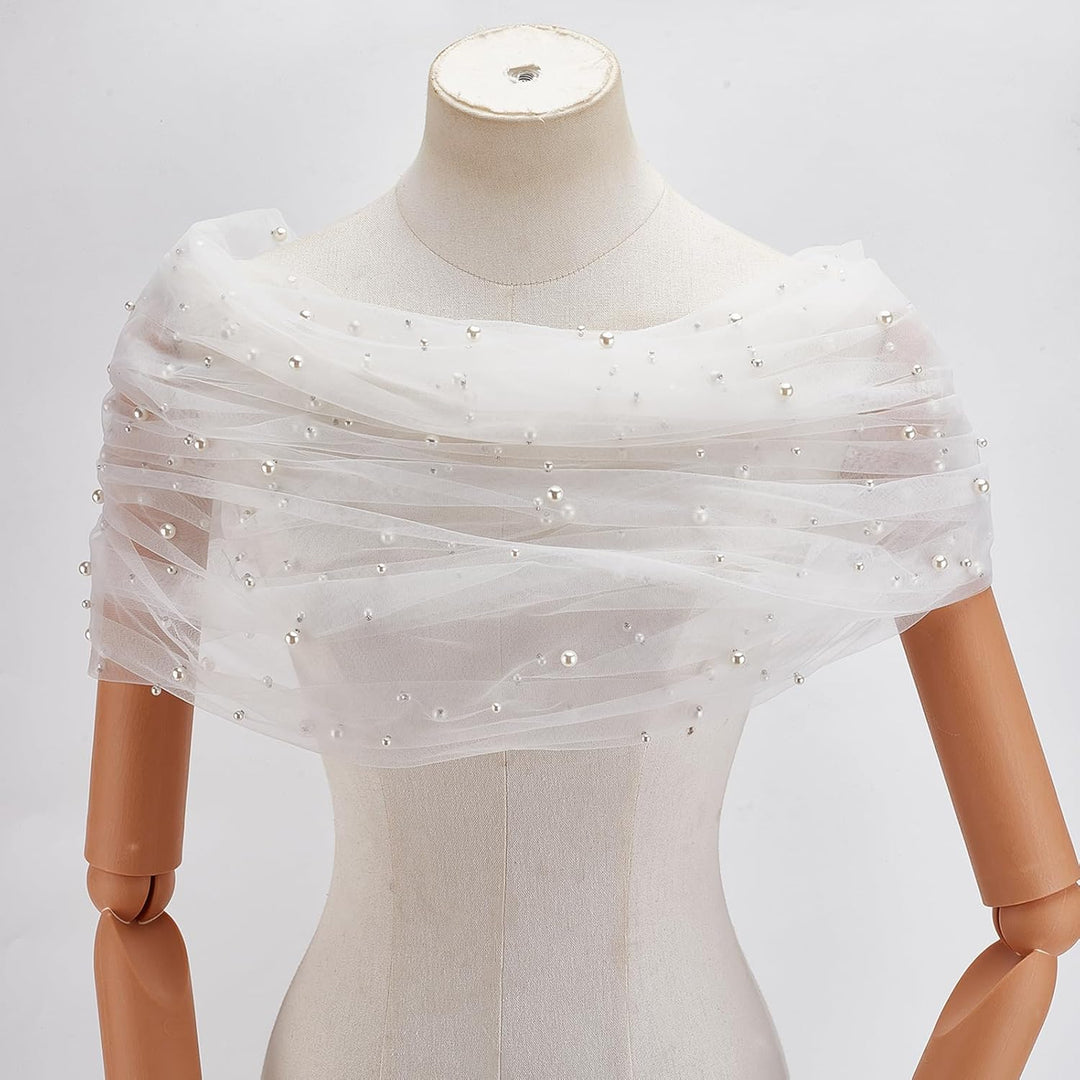 NICENEEDED Weisser Tüll Brautschal Perlen Brautumhang Hochzeit Schulterfreie Capelets Spitze Schal F