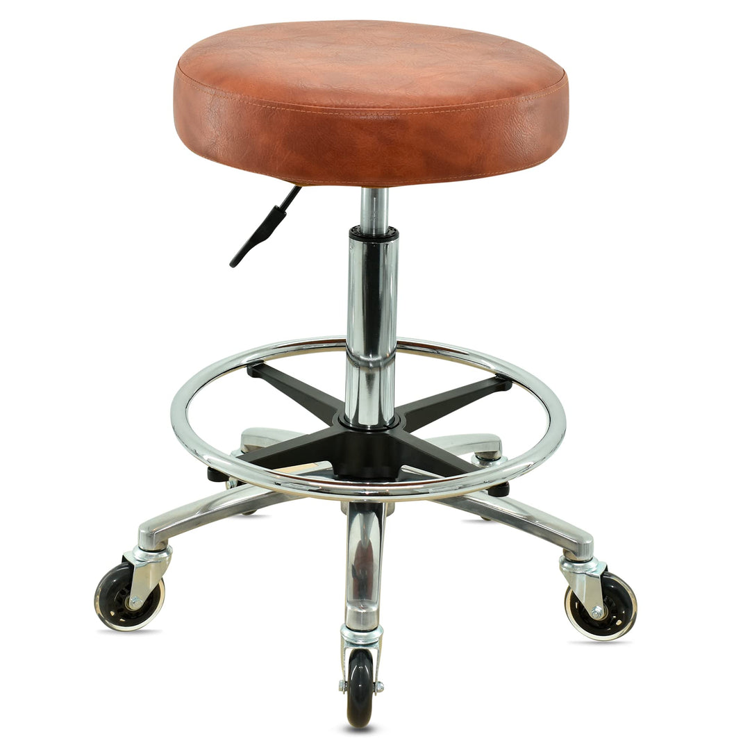 Premium Rollhocker Hellbraun mit Fussring - Höhenverstellbar von 55-75 cm - Rundsitz Drehhocker Arbe
