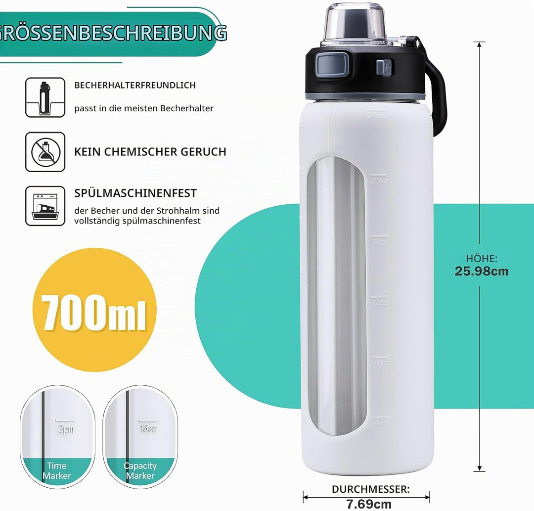 BLUEGO 700ml Glas Wasserflasche mit 2 Deckeln- One-Touch Verschlussdeckel und Griffdeckel Wiederverw