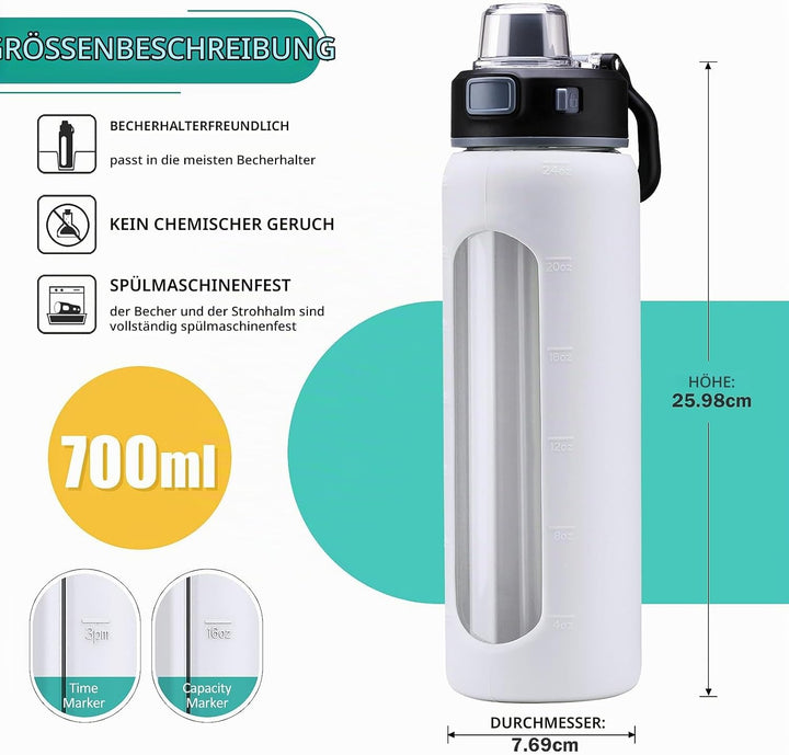 BLUEGO 700ml Glas Wasserflasche mit 2 Deckeln- One-Touch Verschlussdeckel und Griffdeckel Wiederverw