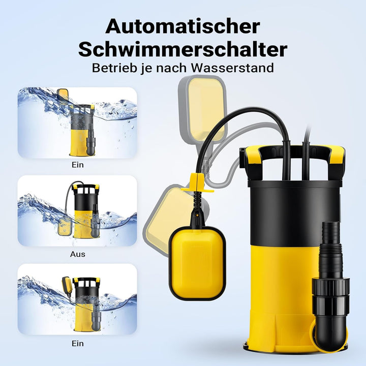 Wiltec Tauchpumpe mit Schwimmer 900 W, flachabsaugende Pumpe bis 1 mm, Tiefbrunnenpumpe 9 m Förderhö