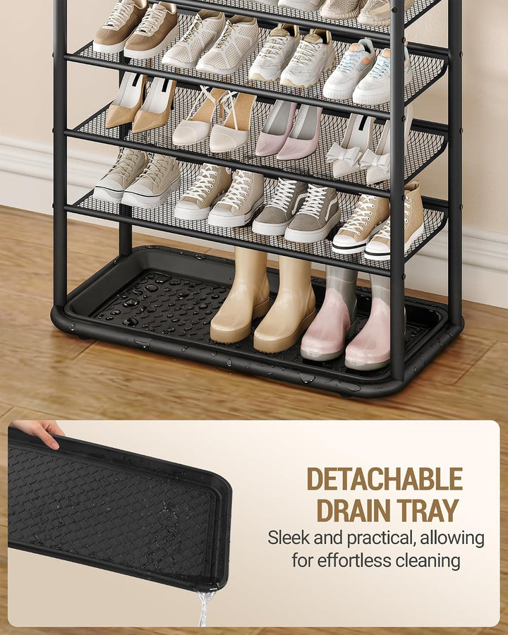 Hzuaneri 8-Stöckiges Schuhregal, 80 cm, 5 Haken, Schuhabtropfschale | Flache und Kippbare Gitternetz