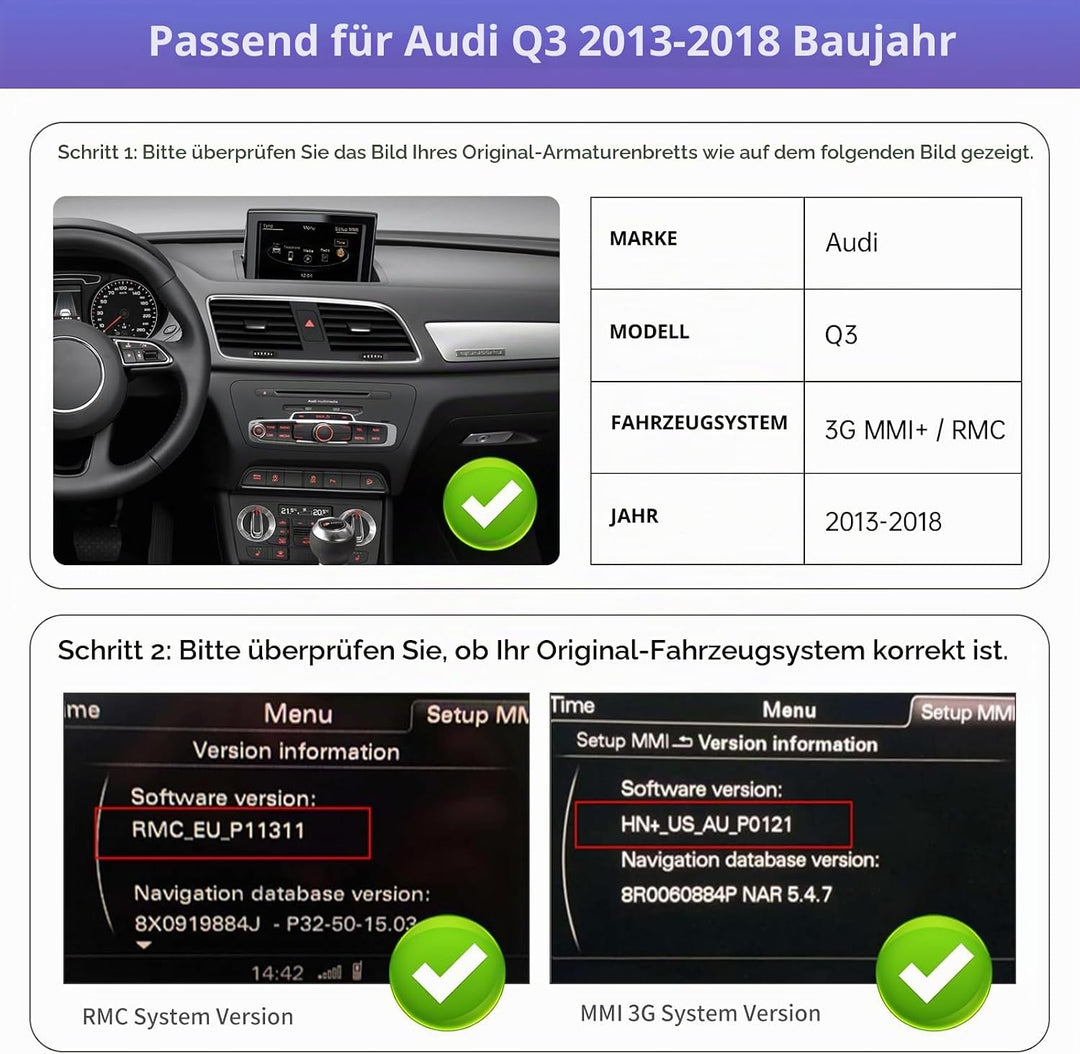 Road Top 12,3 Zoll Ultraschmaler Autoradio CarPlay für Audi Q3 (2013-2018) | Linux HD Touchscreen, W