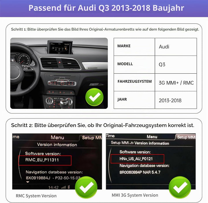 Road Top 12,3 Zoll Ultraschmaler Autoradio CarPlay für Audi Q3 (2013-2018) | Linux HD Touchscreen, W