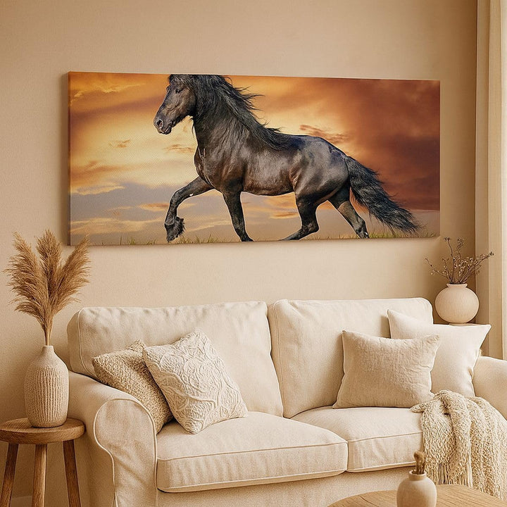 Panorama Bilder auf Leinwand Pferd Tier Wiese Leinwandbild mit Rahmen 90x30cm Wandbilder Dekoration