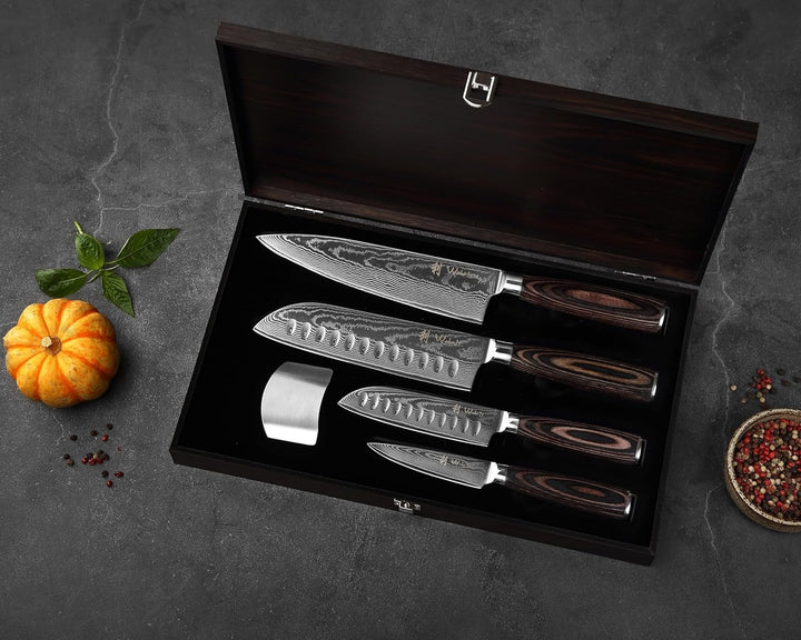 Wakoli EDIB Essentials 4er Küchenmesser Set mit 8-20cm Klingen I aus 67 Lagen Damaststahl I enthält