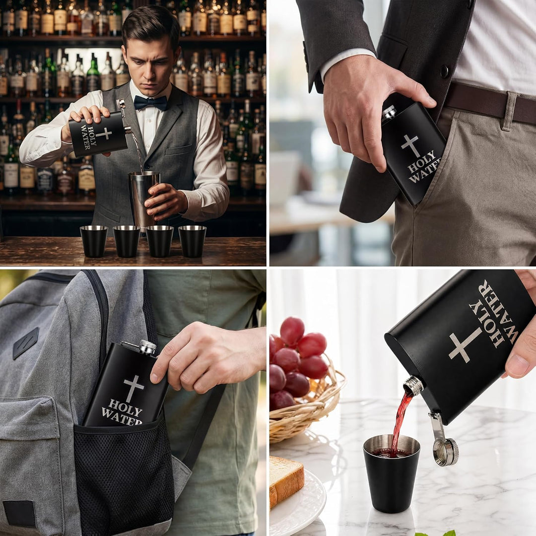 Flachmann mit Gravur "Holy Water" 8oz Edelstahl Geschenkset für Männer, Lustiger Whiskey Flachmann S