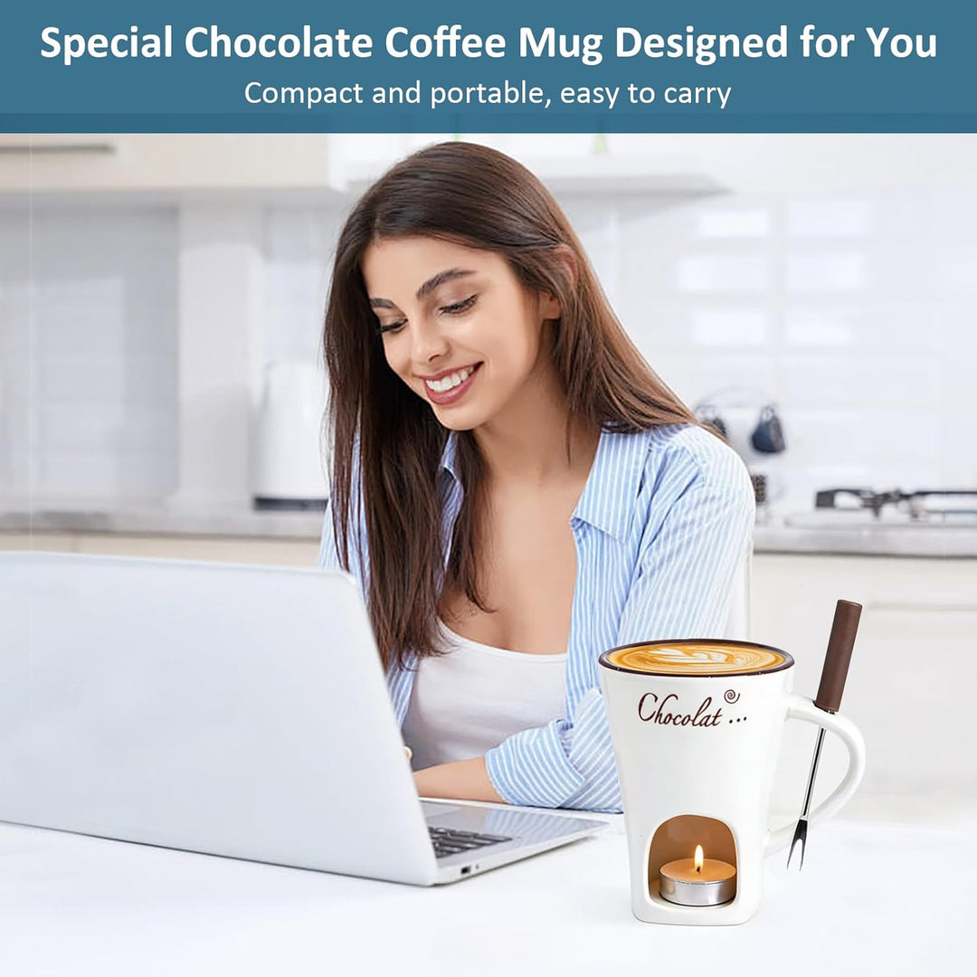 Schokofondue Tasse, 200ML Schokoladen Fondue Tassen mit Teelicht, Keramik Schokofondue Tasse Set mit