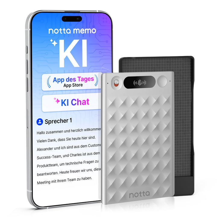 KI-Sprachrecorder, Notta Memo Digitales Diktiergerät(Silber), inkl. Memo MagBridge, KI-Transkription