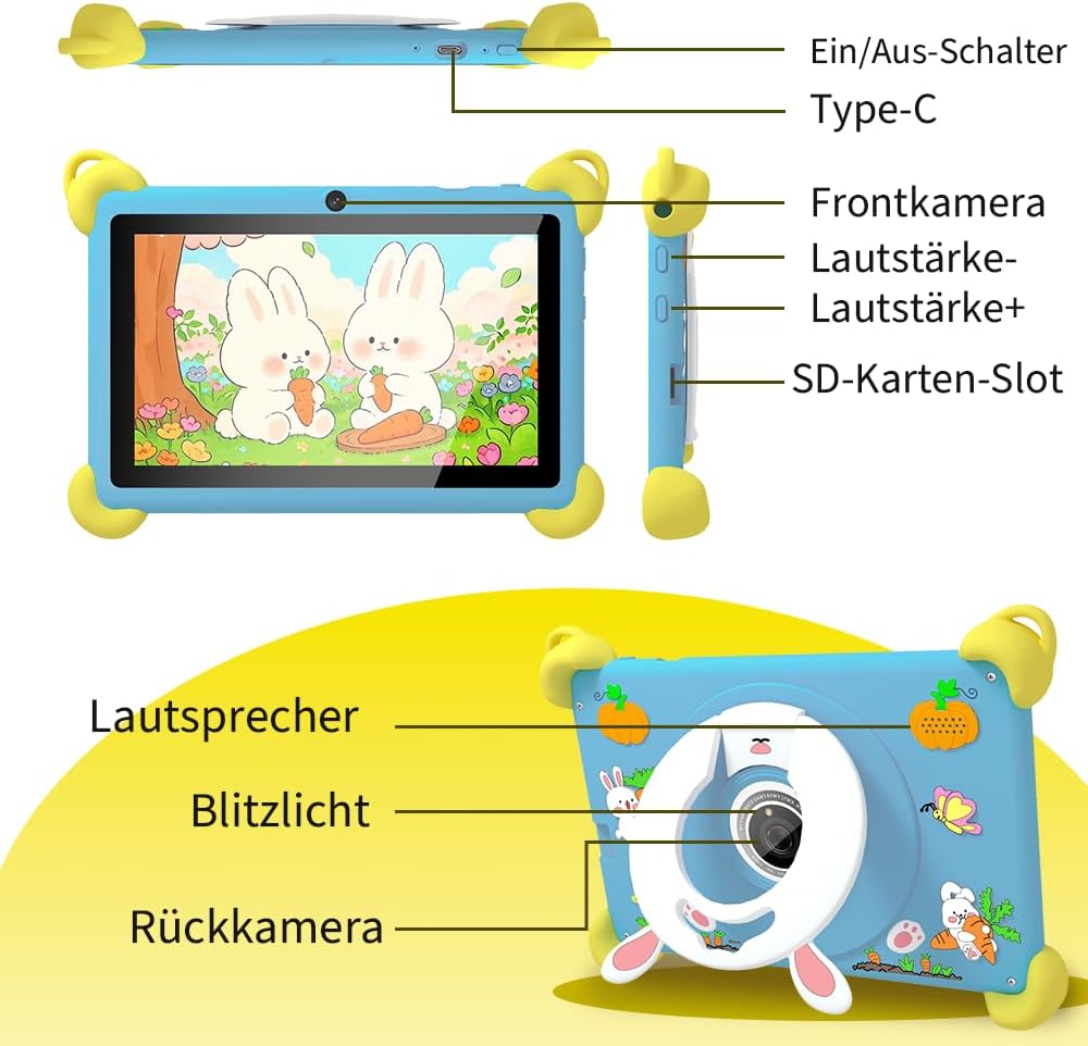 Veidoo 7-Zoll Android Kinder-Tablet, 2+32 GB, Dual-Kameras, stossfeste Hülle, integriertes Hasen-Stä