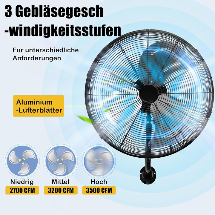 RELAX4LIFE Wandventilator mit 3 Geschwindigkeitsstufen, 85°Oszillation & 30°Neigung, 120W Ventilator