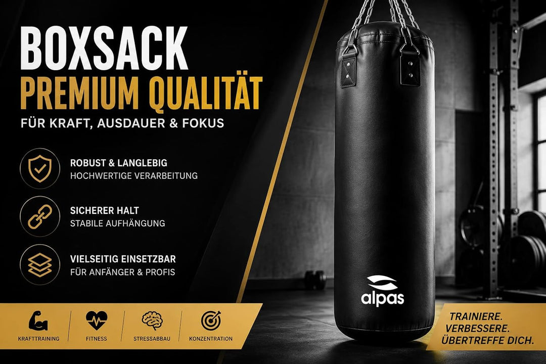 Alpas Boxsack 120cm - robust & langlebig | Sandsack in Profiqualität I 4-Punkt Stahlkette für Boxen,