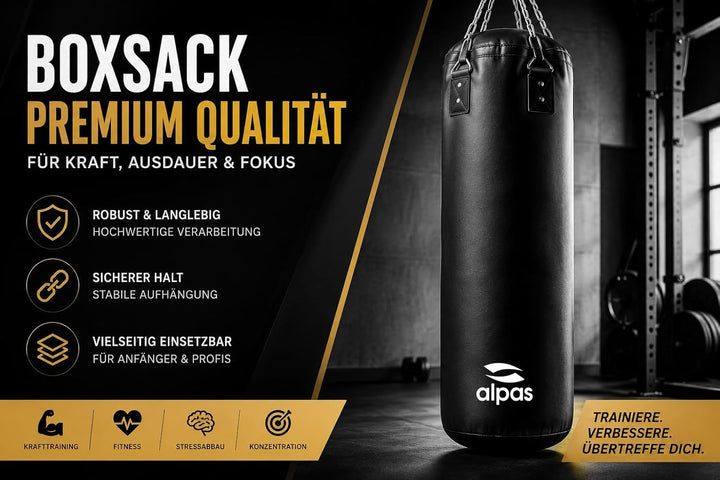 Alpas Boxsack 120cm - robust & langlebig | Sandsack in Profiqualität I 4-Punkt Stahlkette für Boxen,