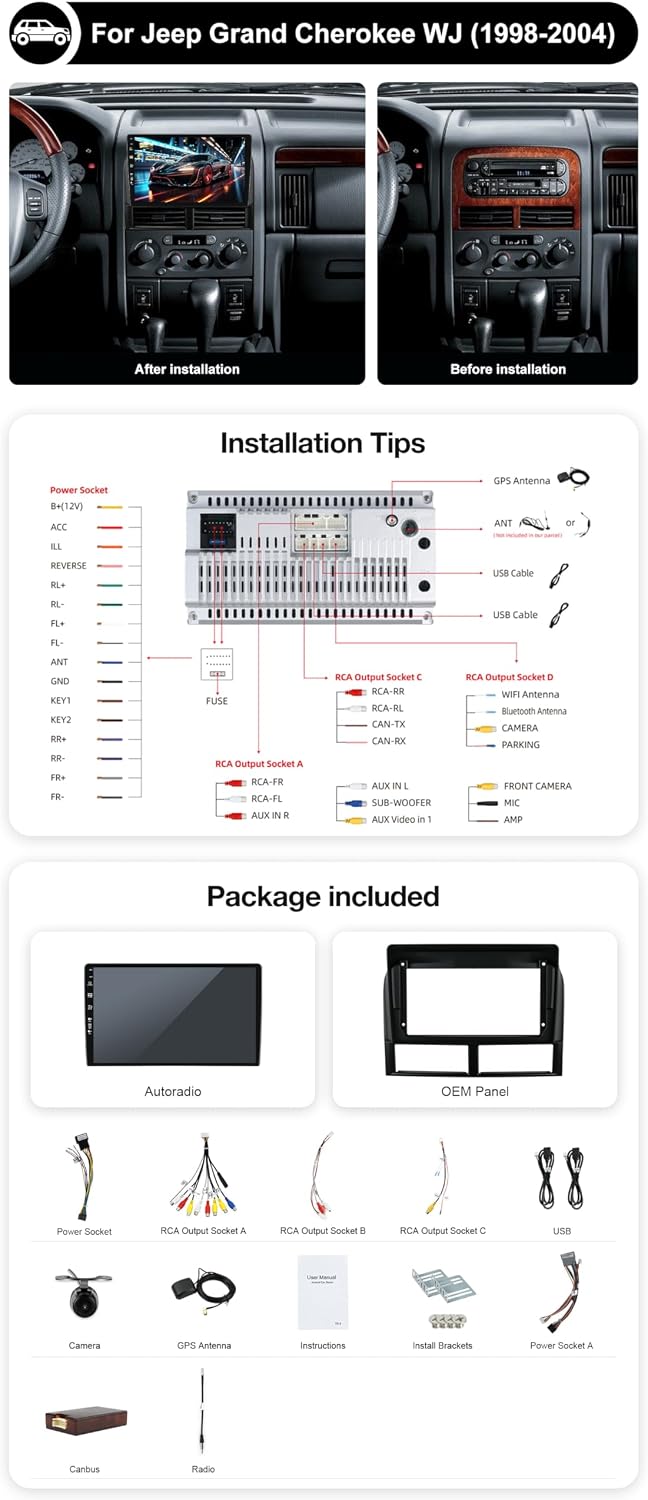Android 15 Autoradio für Jeep Grand Cherokee WJ (1998-2004) - Rückfahrkamera KOSTENLOS - 2G+64G - IP