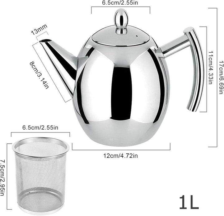 1L Edelstahl Teekanne Silber, Teekanne mit Aufguss für losen Tee Kaffeekanne Teekessel für Herdplatt