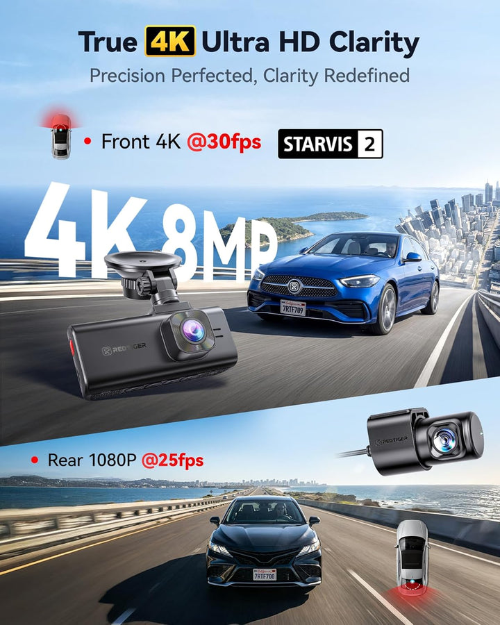 REDTIGER F7NA 4K Dashcam Vorne Hinten, STARVIS 2 IMX678 8MP Ultra HD Autokamera, 5.8GHz WLAN(20MB/s)