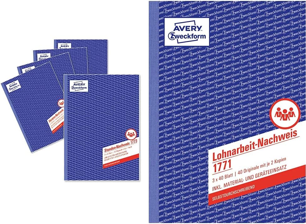 AVERY Zweckform 1773-5 Stunden-Nachweis (A4, selbstdurchschreibend, 2x40 Blatt) 5er Pack weiss/gelb