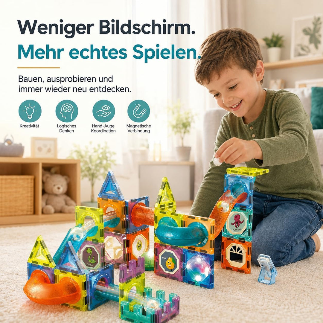 LightCube Magnetspielbausteine, (kreatives Spielset, 75 St., Kombiniertes BAU- und Kugelbahnsystem),