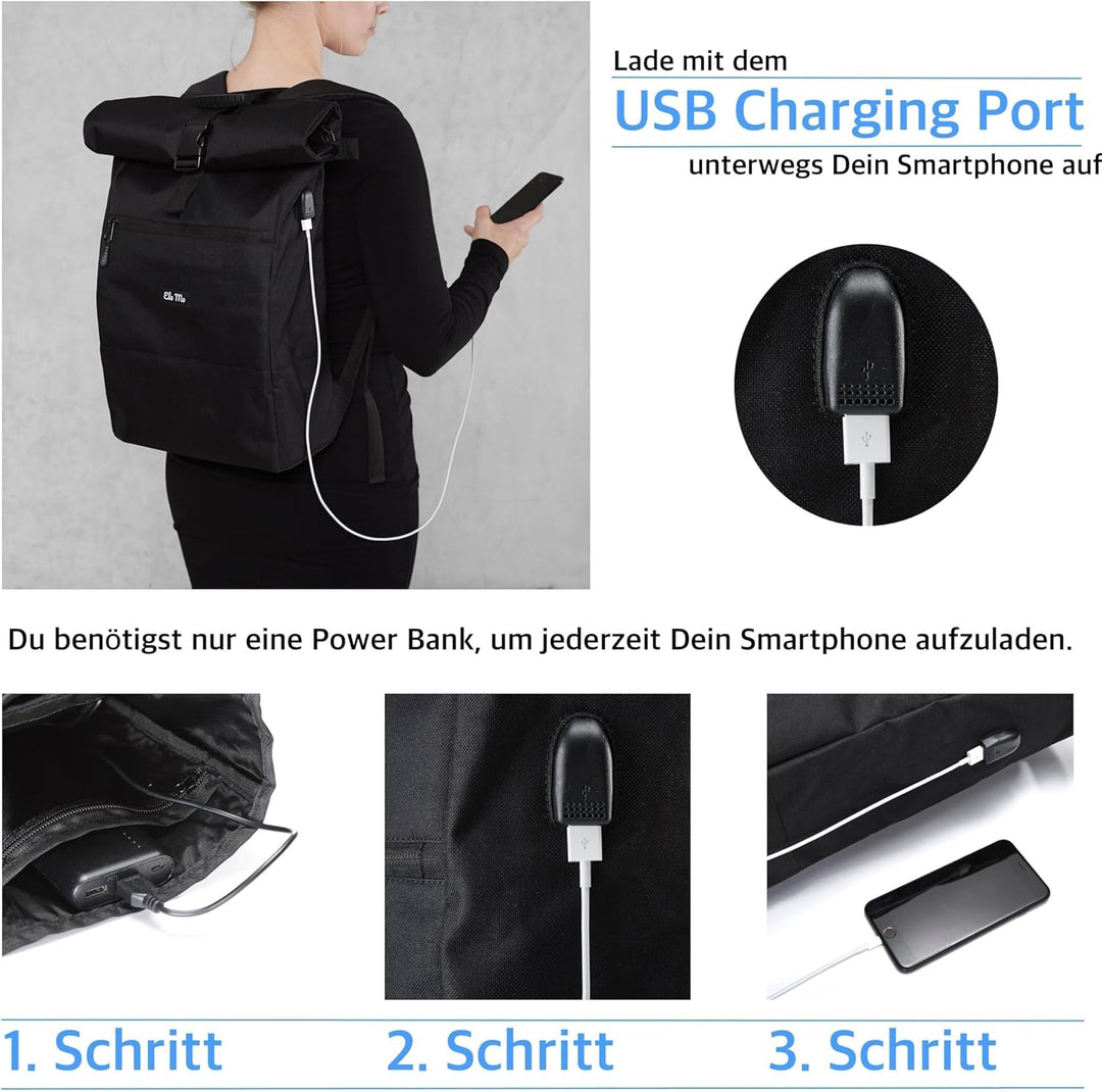 Ela Mo Rucksack Damen - Rolltop schön u. durchdacht - Laptop Rucksäcke für Frauen - Anti Diebstahl T