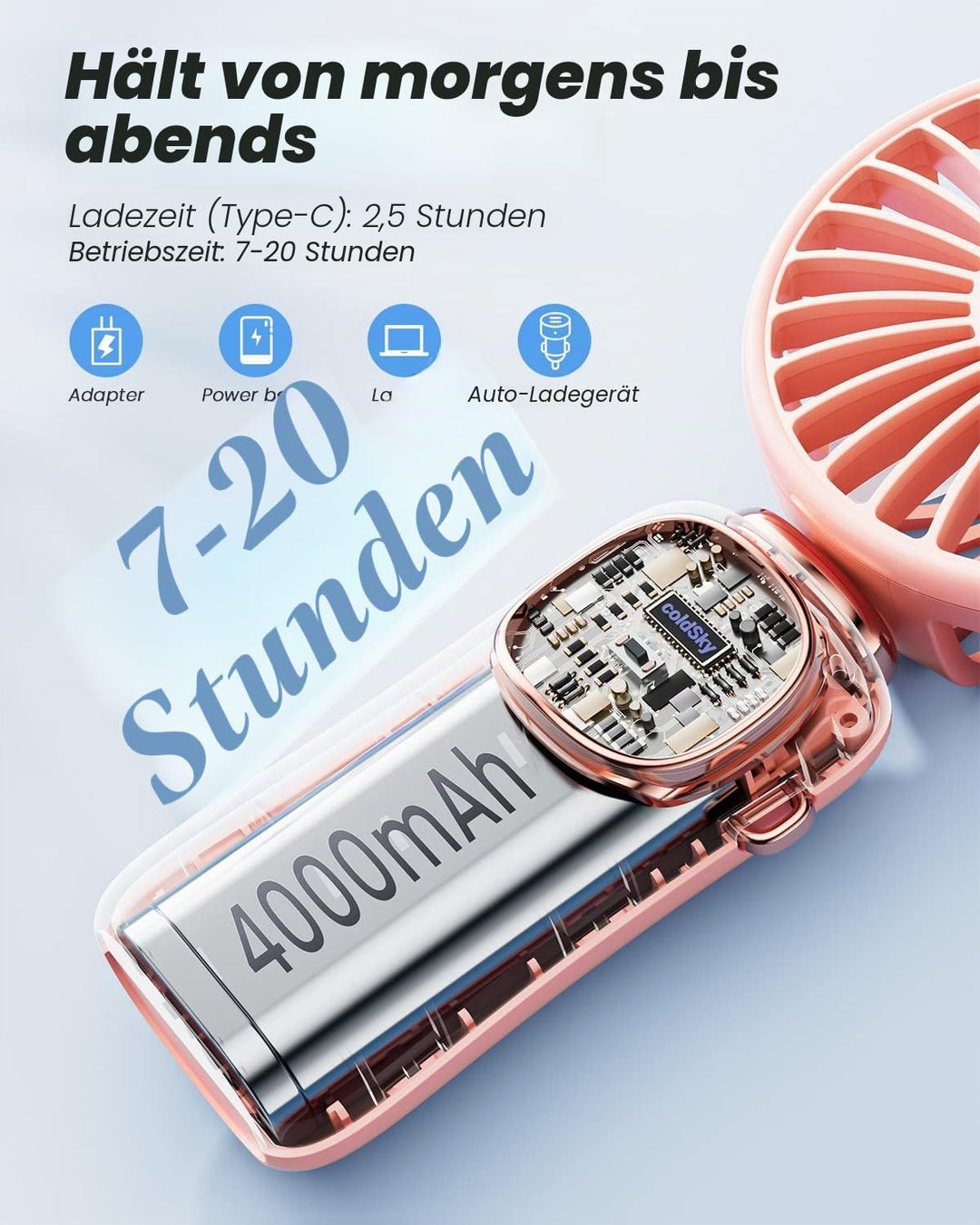 coldSky Tragbarer Handventilator, 4000 mAh, USB-wiederaufladbarer Ventilator mit LED-Display, Handhe