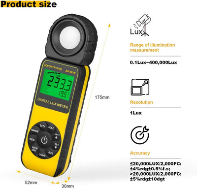 AOPUTTRIVER AP-881E Belichtungsmesser, Digitale Luxmeter, Lichtmessung Photometer 300,000 Lux mit Da