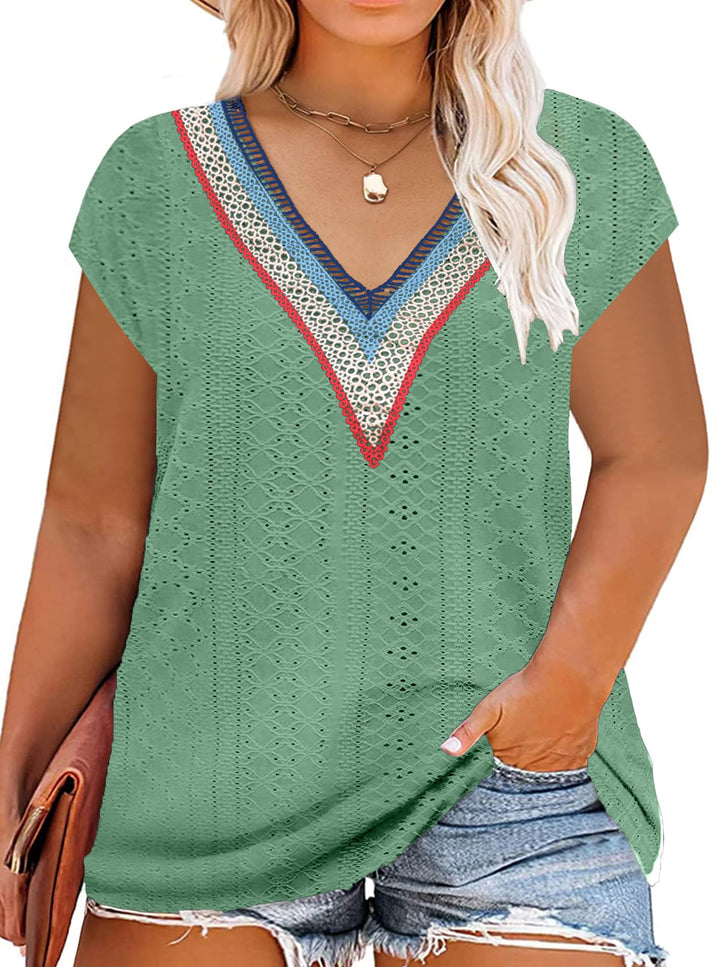 Grosse Grössen T-Shirts Damen V-Ausschnitt Plus Size Mode Strick Top Sommer Oversize Frauen Tshirts