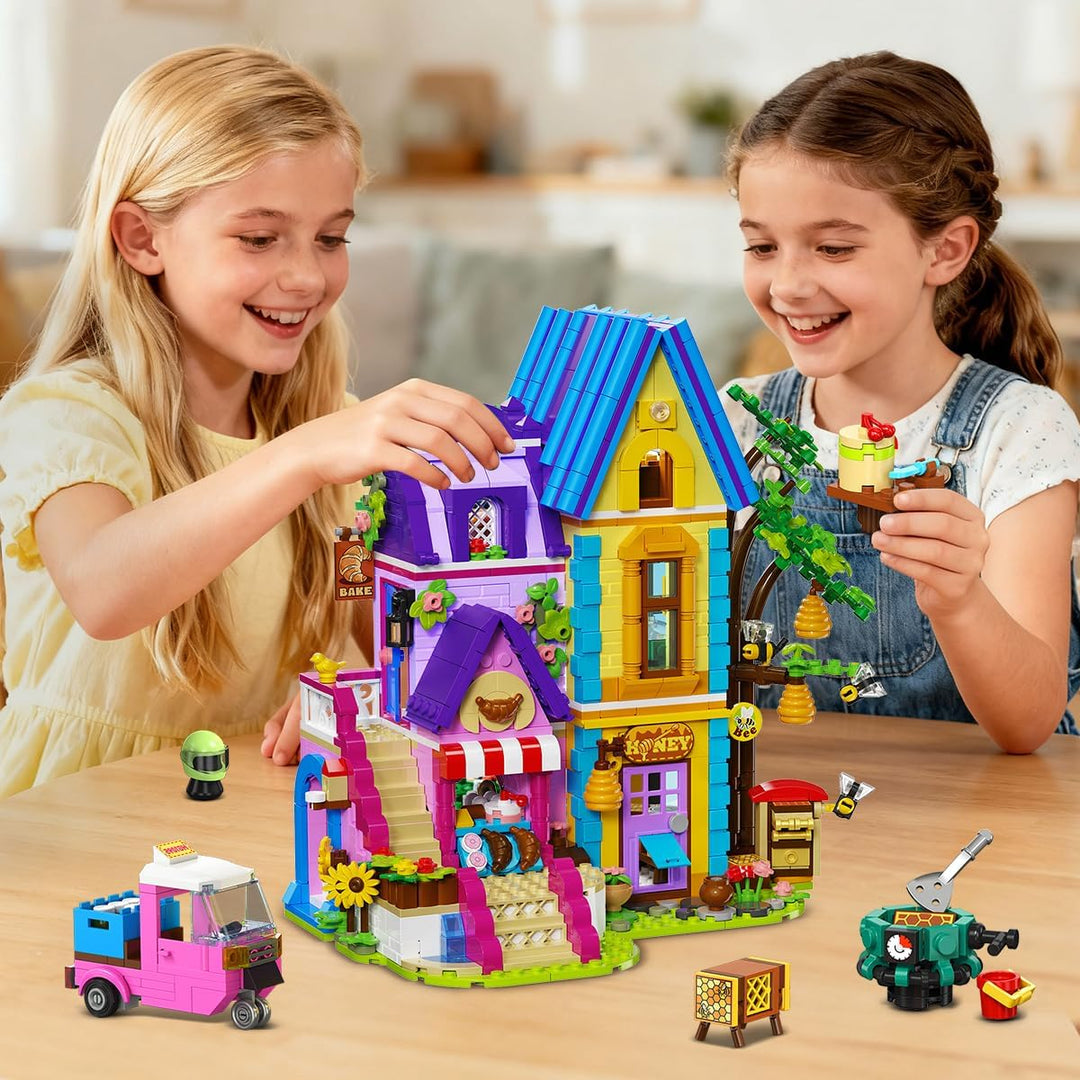 HOGOKIDS Friends Mädchen Backset Bauspielzeug mit LED-Licht - 1084PCS Bienenhaus & Bäckerei Haus, Ro