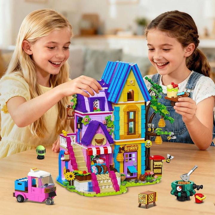 HOGOKIDS Friends Mädchen Backset Bauspielzeug mit LED-Licht - 1084PCS Bienenhaus & Bäckerei Haus, Ro