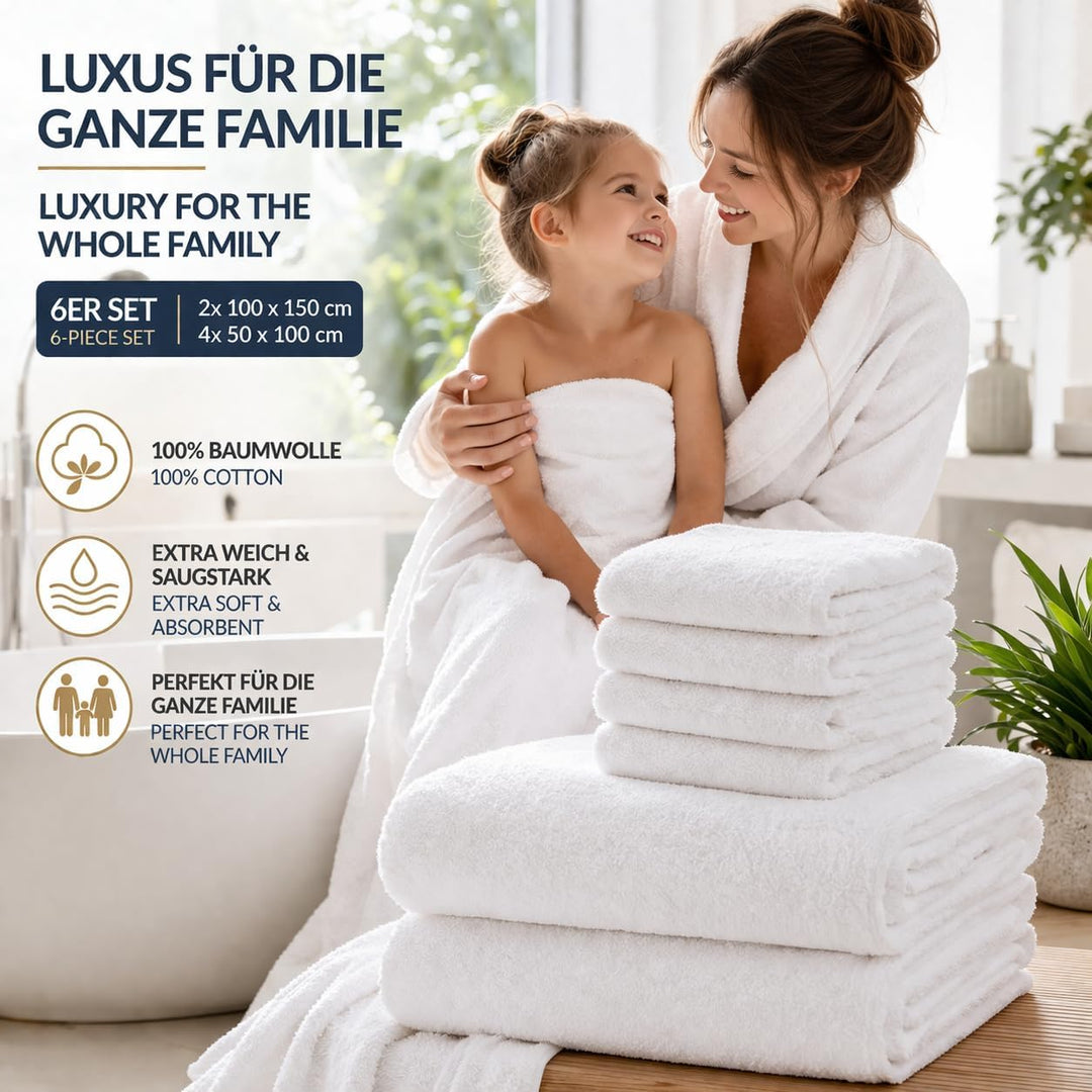 Betz Berlin 6er Set 2X Maxi Duschtuch 100 x 150 cm 4X Handtuch 50 x 100 cm 100% Baumwolle Farbe weis