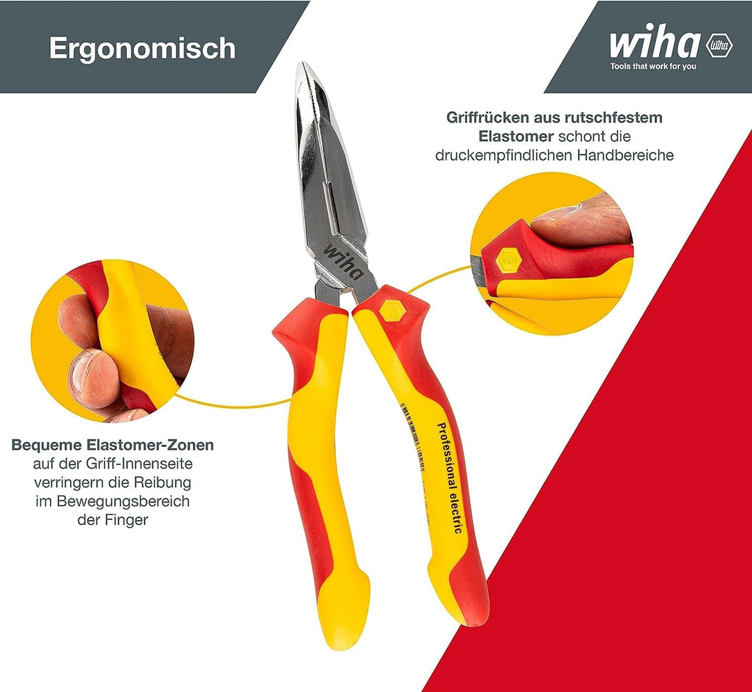 Wiha Flachrundzange Professional electric mit Schneide I ca. 40° gebogene Form I VDE geprüft I Radio