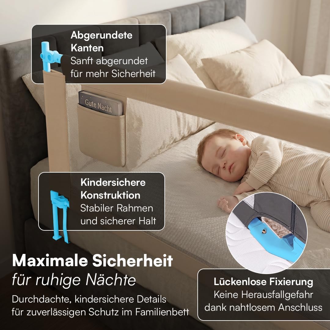 Bellabino Drina Rausfallschutz – Bettschutzgitter 150 cm Beige – Bettgitter höhenverstellbar 69-99 c
