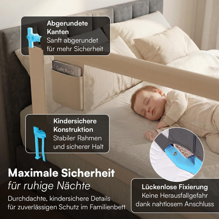 Bellabino Drina Rausfallschutz – Bettschutzgitter 150 cm Beige – Bettgitter höhenverstellbar 69-99 c